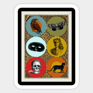 Halloween Signs and Portents Six Symbols - Black Cat, Skull, Mask, Memento Mori, Moth, Crow. Sticker